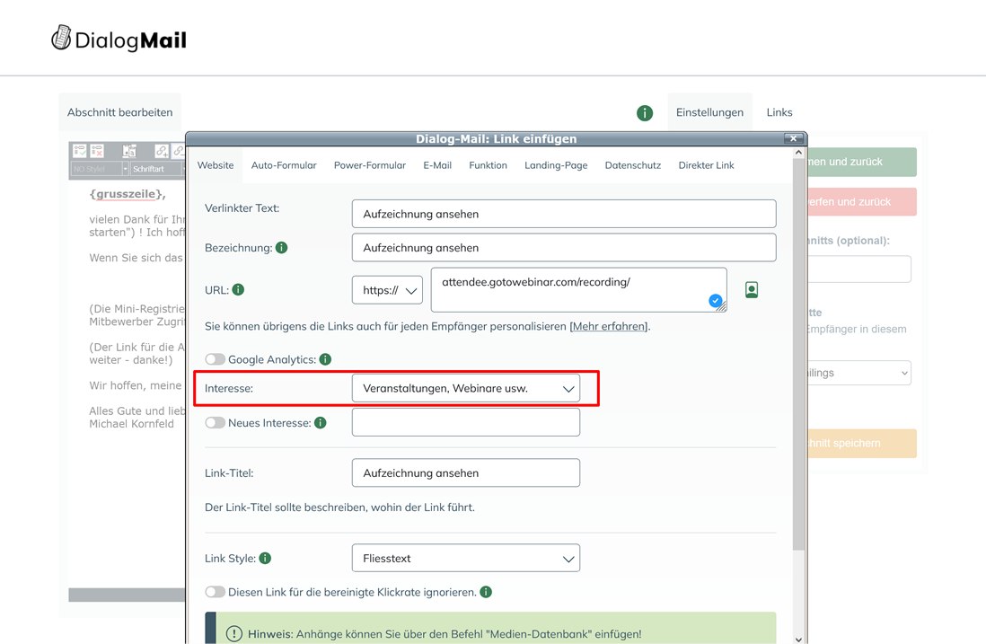 Bei jedem Link eines Mailings können Sie festlegen, welchem Interesse er zugeordnet werden soll.