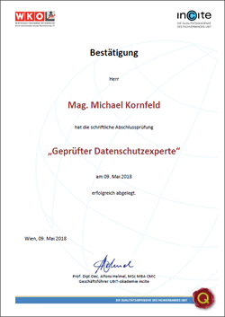 Zertifikat von Michael Kornfeld: Geprüfter Datenschutz-Experte