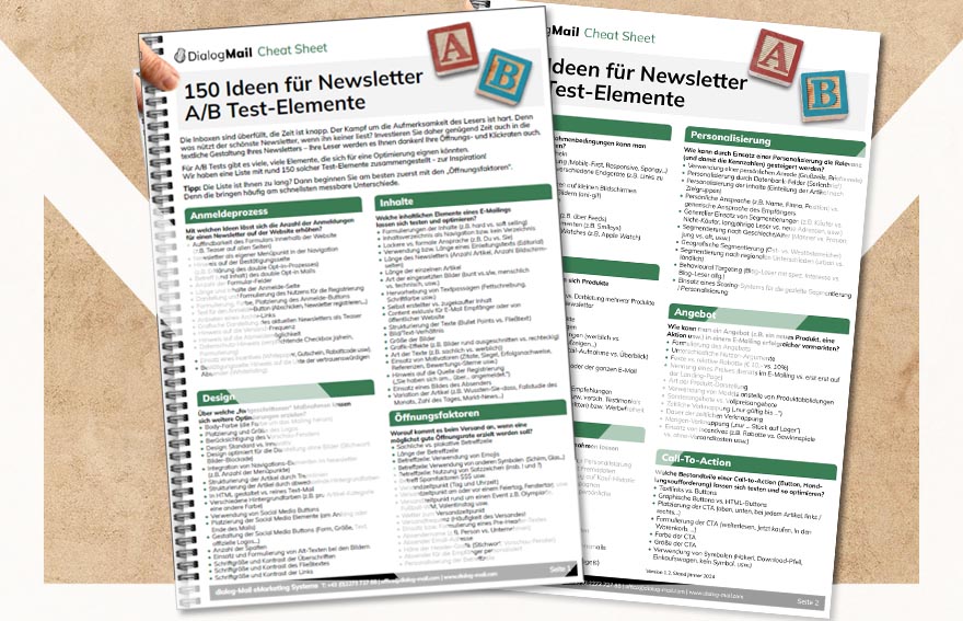 Wir haben unsere 150 verschiedenen Ideen für Newsletter-Tests in ein praktisches Cheat Sheet gegossen. Der Download ist kostenlos, keine Registrierung erforderlich.