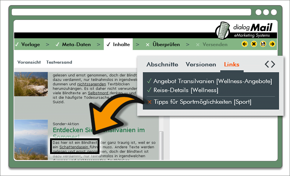 Bei der Mailing-Erstellung generiert Dialog-Mail eine Liste aller Links Ihres Mailings -- und zeigt in Echtzeit an, ob sie auch erreichbar sind.